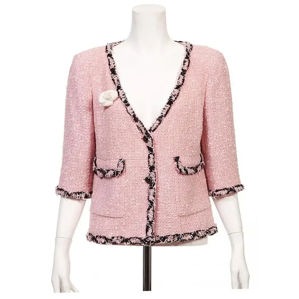 2007 CHANEL FR-34 Vintage 07P TWEED Pink Black Jacket Trim CC logo Buttons US-2 - Picture 2 of 15